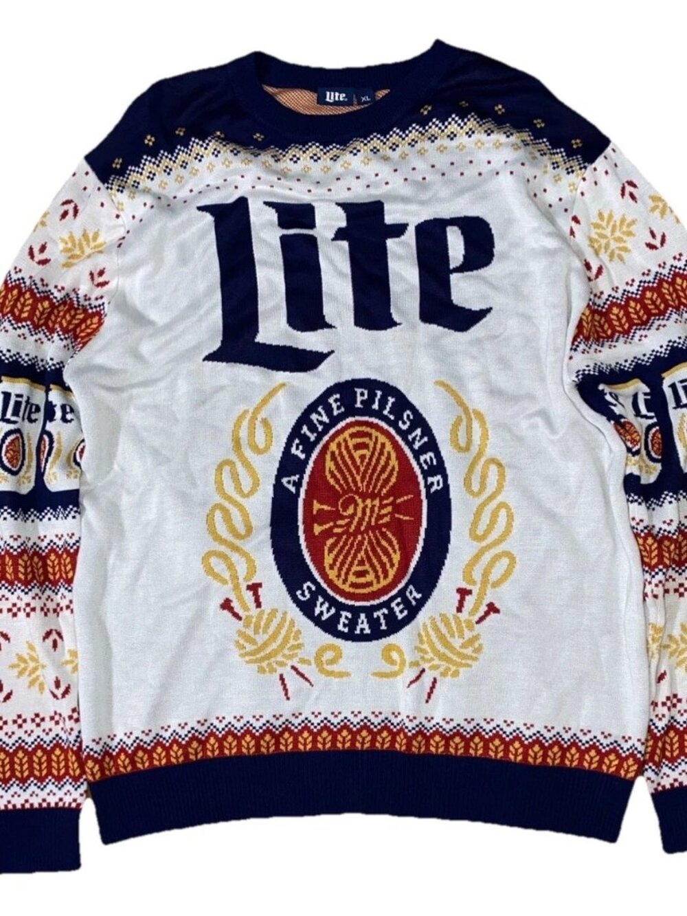 Miller Light Pullover Ugly Sweater Beer Winter Party Mens XL White Blue Yellow
